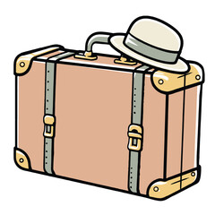 Pink Vintage Suitcase with Classic Fedora Hat Illustration