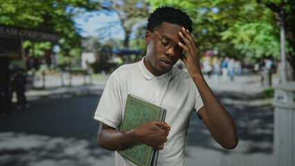 Fototapeta premium Man wearing white polo shirt and glasses holding green book with hand to head gesture on city street; fatigue.