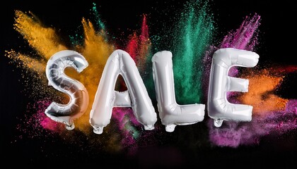 white balloon letters spelling sale with vibrant colorful powder explosion on black background