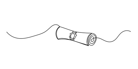 Obraz premium Continuous single line drawn, certificate or diploma with award badge . Single line drawn badge academic scroll paper,. Vector illustration. diploma scroll graduation continuous one line drawing.
