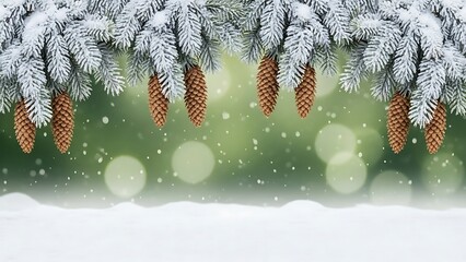 Snowy pine branches with pinecones