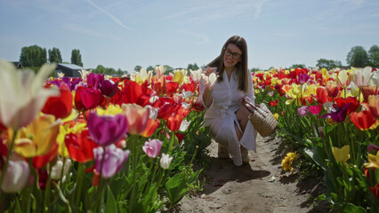 Woman enjoying colorful tulip field in lisse, netherlands, holding basket and bending to smell...