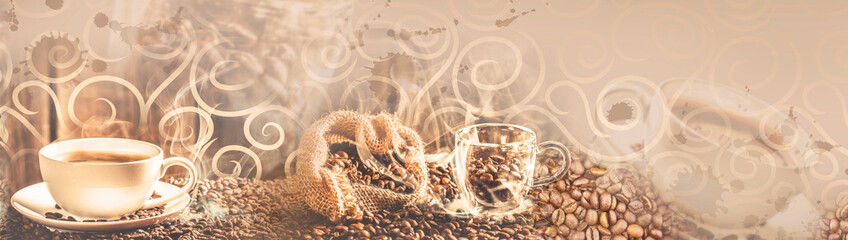 Aromatic coffee banner with white cup, glass mug, and roasted beans