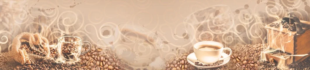 Fototapete Cafe Coffee panoramic collage with glass and ceramic cups, burlap sack, and vintage grinder  © MonTeArt