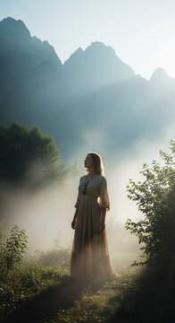 woman, dress, long dress, flowing, light, sunlight, sunbeam, misty, foggy, mountains, peaks, landscape, natural, meadow, grass, trees, bushes, foliage, nature, serene, peaceful, tranquil, morning, daw