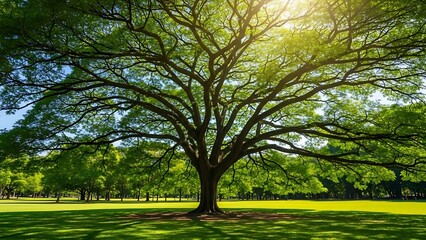 Obraz premium Majestic old tree with sprawling green canopy illuminated by bright sunlight in a vibrant park