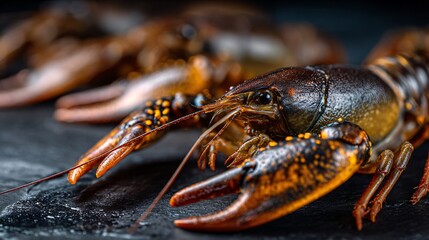 Close-up of crayfish tails with glossy shells, shallow depth of field, dark slate background