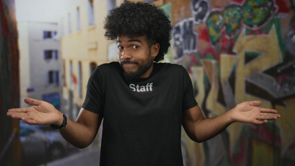 Man in staff uniform with afro shrugging on graffiti street background outdoors in city environment...
