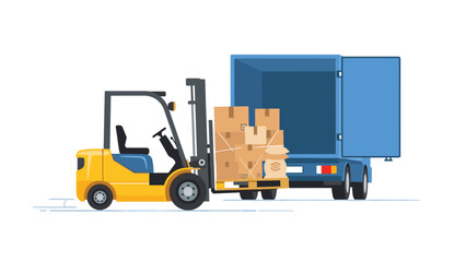 Naklejka premium Efficient forklift loading a stacked pallet of cardboard boxes into the rear of an open blue semi-truck, showcasing a streamlined logistics process.