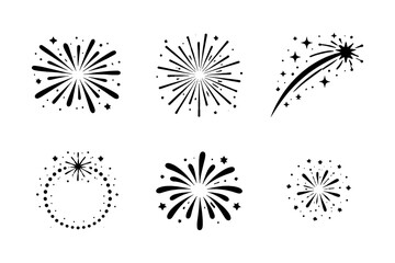 Obraz premium Festive fireworks icons in black silhouette style for celebrations