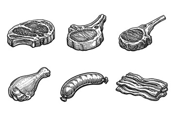 Hand drawn meat cuts collection featuring steaks, sausage, and bacon in vintage style