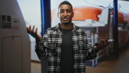 Man holding electric screwdriver with right hand raised in questioning gesture in studio set with...