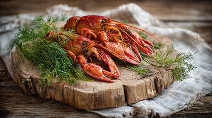 Crayfish served on rustic wooden board with fresh dill, neutral linen backdrop, Nordic summer mood