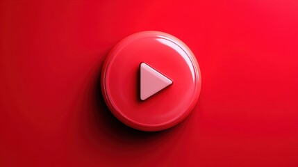 A large red button shows a white play symbol. It sits on a smooth red background. The scene looks bright and clean focusing on the button design and color.