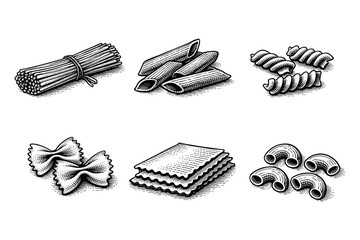 Vintage engraving style pasta collection featuring italian classics