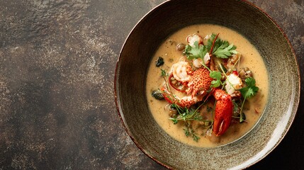 Crayfish soup in shallow bowl, top-down angle, muted earthy tones