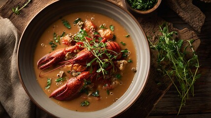 Crayfish soup in shallow bowl, top-down angle, muted earthy tones