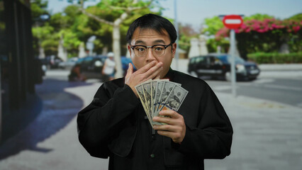 Asian man in urban street holds us dollars with thoughtful expression, blending traditional attire with modern financial elements, highlighting cultural and economic contrasts.