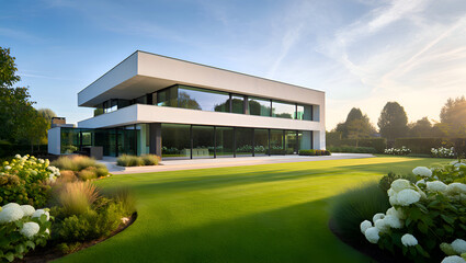 Modern villa surrounded by lush gardens