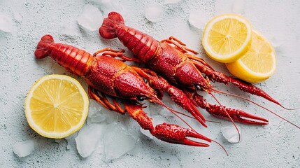 Minimalist flat lay of bright red crayfish with lemon wedges, light concrete surface, clean seafood styling