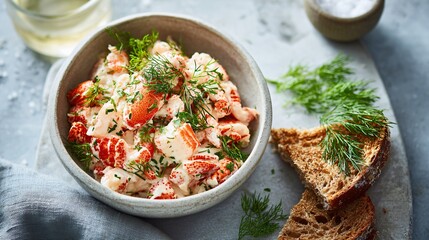 Nordic-style crayfish spread with dill and bread, minimal composition, airy summer light