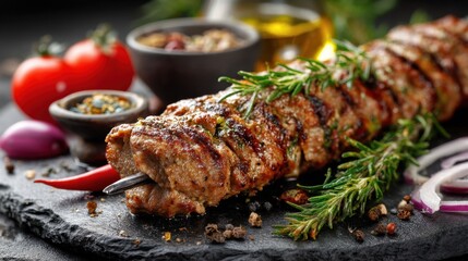 A skewer of grilled meat sits on a dark stone plate. Fresh herbs spices and cherry tomatoes surround the skewer. Olive oil and bowls of seasoning are in the background.