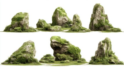 Several large rocks covered with green moss are arranged in a natural environment. The setting shows a variety of rock shapes and sizes with greenery around them.