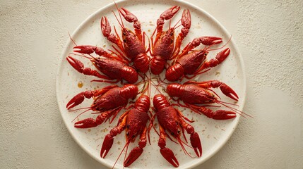 Whole boiled crayfish arranged in circular pattern on matte white plate, pale stone background, soft natural light, copy space