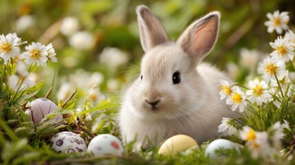 A small rabbit is found in a grassy area resting among vibrant flowers and decorated eggs. The scene captures the essence of spring with bright colors and new life.
