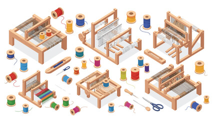 Obraz premium Isometric collection of various small wooden weaving looms, colorful spools of thread, and essential weaving tools, perfect for crafting projects.