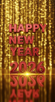 Red letters "Happy New Year 2026" with reflection and blurry light background, representive of holiday greeting and festive atmosphere