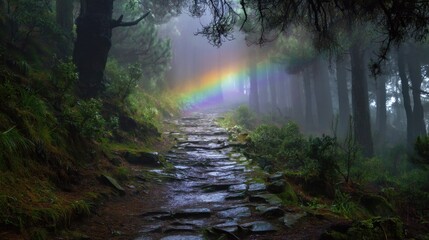 Obraz premium A stone path winds through a forest after rain. A bright rainbow arches over the path among tall trees and fog. The scene shows nature's colors and beauty.