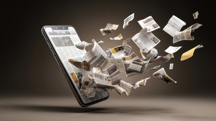Naklejka premium A smartphone sits in the center as various newspapers burst out from its screen. The scene shows the transition from traditional media to digital forms.