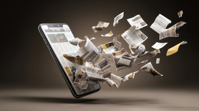 A smartphone sits in the center as various newspapers burst out from its screen. The scene shows the transition from traditional media to digital forms.