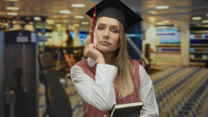 Woman in graduation cap holds book in gym, blending education with fitness, representing young blonde academic in sports center setting.