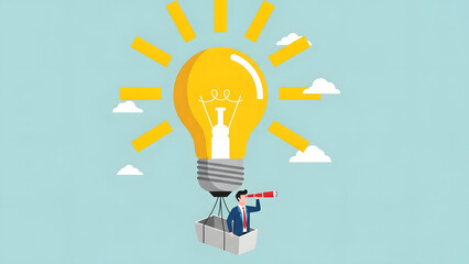 Businessman in light bulb hot air balloon using telescope to look for future business opportunities innovation success and creative global growth strategy with vision and leadership