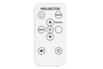 White projector remote control with many buttons controlling multimedia