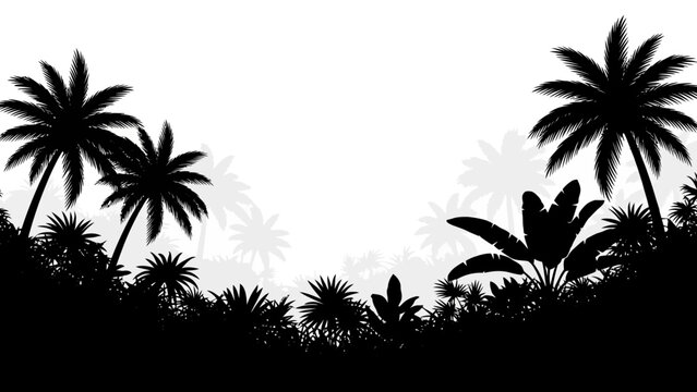 Black silhouette of tropical palm trees and foliage against a white background, showcasing a natural landscape in a simple, graphic style.