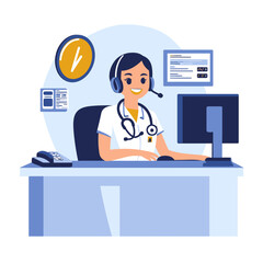 Female doctor with headset providing telemedicine consultation at modern medical office desk with computer and stethoscope flat vector illustration