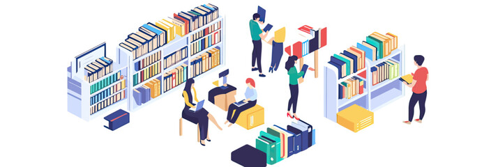 Isometric digital library scene with diverse people reading books and browsing colorful shelves in flat minimalist style vector illustration on white background