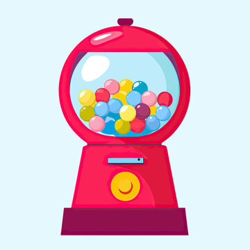 Red gumball machine filled with colorful round gumballs in flat minimalist style vector illustration for candy or toy vending concept design