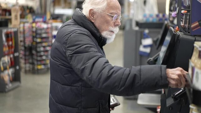 Senior man at self checkout in a large hardware store is scanning items and completing his shopping task with care and focus.