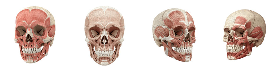 Set/Collection of Human Skull Anatomy Illustrations, Isolated on Transparent PNG Background, Oil Paint