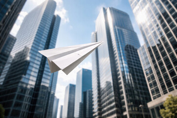 Obraz premium A paper plane against the background of skyscrapers.