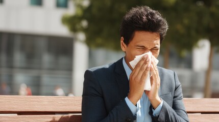 A man is sitting on a wooden bench in a park. He is wearing a suit and wiping his nose with a tissue. It is a sunny day and people can be seen in the background walking.