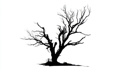 Fototapeta premium A tree with twisted branches stands against a white background. The tree shows no leaves and features bare limbs reaching out. The scene highlights the tree's structure and form.