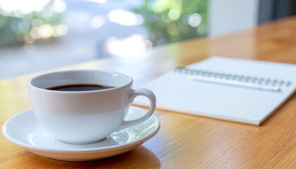 Fototapeta premium Cup of coffee and notebook on a wooden table with blurred background Keywords: coffee, cup, saucer, drink, beverage, hot
