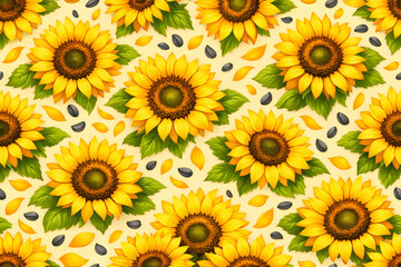 Bright Summer Botanical Pattern with Sunflower Heads and Petals