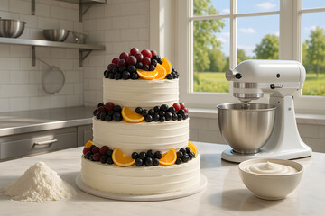 hree Tier Celebration Cake Decorated with Fresh Grapes and Oranges