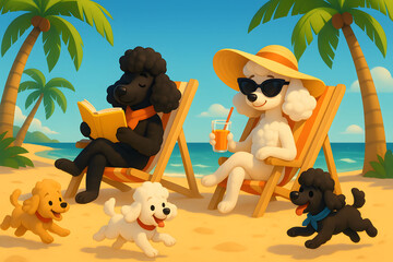 Cartoon Poodle Family Relaxing on Tropical Beach Vacation
